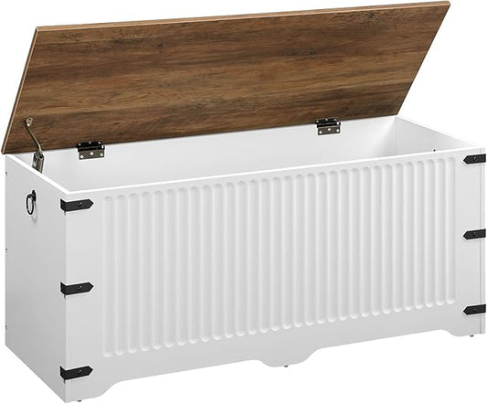 HOOBRO Storage Bench, Toy Box Organizer, Toy Chest with Safety Hinge, Farmhouse Style Storage Chest, 39.3 x 15.7 x 17.7 Inches for Living Room, Bedroom, Entryway, White and Walnut WH26CW01