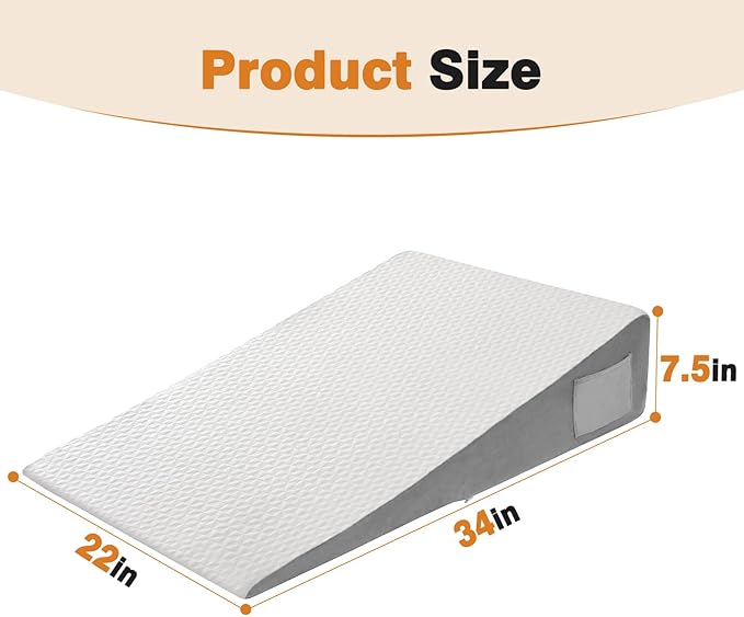 Vekkia 34" Extra-Long Wedge Pillow, Back & Arm Support, Bed Wedge Pillow for Sleeping After Surgery, Acid Reflux, Snoring Relief, Removable Washable Cover & Double Side Pockets, 7.5" Height