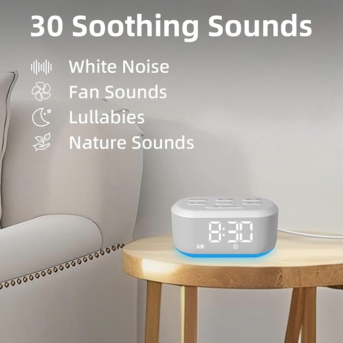 Small Digital Alarm Clock for Bedroom White Noise Sound Machine with 30 Soothing Sound Plug in Desk Bedside Clock with NightLight Battery Backup 15 Wake up Sound Clock for Teen Kid Heavy Sleeper