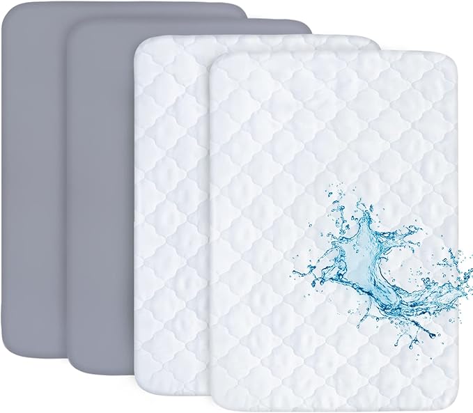 Biloban Pack and Play Sheets and Waterproof Mattress Protector Pad Cover 4 Pack Set, Ultra Soft, Grey, Noiseless Waterproof, Machine Wash