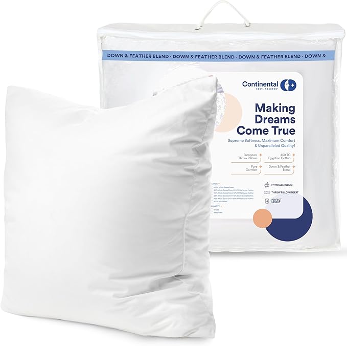 Continental Bedding | 10/90 Down and Feather Throw Pillow Insert | 100% Cotton 250TC Shell | Medium Loft Decorative Cushion | 16x16 | 1 Pack