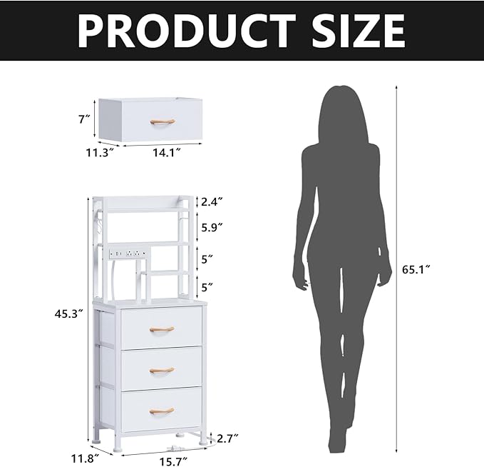 Furnulem Tall Nightstand with LED Lights and 3 Tier Shelves, Night Stand with 3 Fabric Drawers, 45.3inch Tall Bedside Tables with USB Ports and Outlets in Bedroom, Dorm, Office (White)