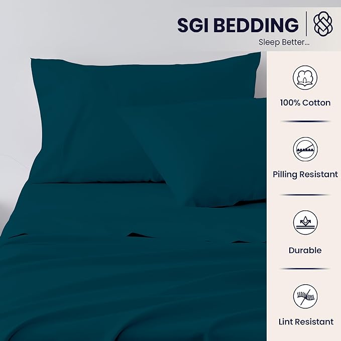SGI Split King Sheet Set for Adjustable Bed Egyptian Premium Cotton 600 Thread Count Sheets for Sleep Number Bed 15" Deep Pocket 5 Pc Set with 2 Twin XL Fitted Sheets Soft Breathable -Teal