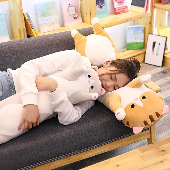 Oeonuas Cute Cat Plush Long Body Pillow Cuddle Cartoon Stuffed Animals Cat Plushie Soft Doll Pillows Gifts for Kids Girls (Orange, 27")