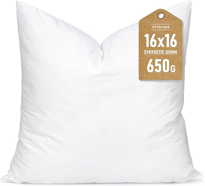 Artscope Synthetic Down Pillow Insert, 16x16 Down Alternative Throw Pillow Insert. Ultra Soft Fluffy Sleeping Pillow with 100% Cotton Cover, Decorative Pillows.