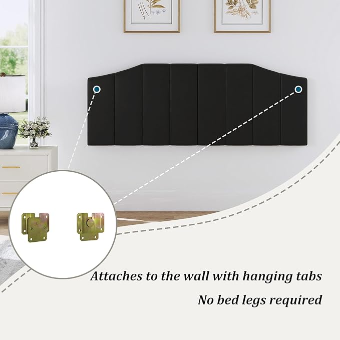 Furpopup Velvet Queen Size Headboard, Upholstered Headboard Queen/Full Size Wall Mount and Bed Frame Mount, Featuring High-Density Sponge Padding Luxury Texture Easy Assembly Comfort Style-Black