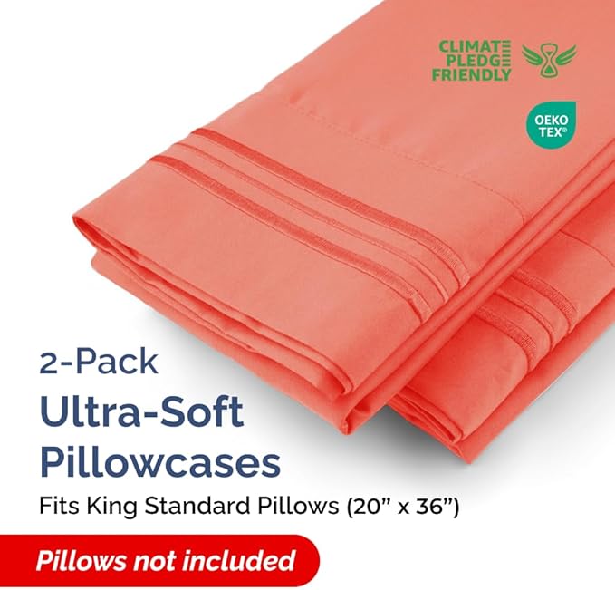 King Standard Pillow Cases Set of 2 - Ultra-Soft Hotel Quality Pillowcase Covers - Comfy, Cozy & Fade Free - Wrinkle Resistant - Machine Washable Pillow Protectors - 2 Piece Set - Coral