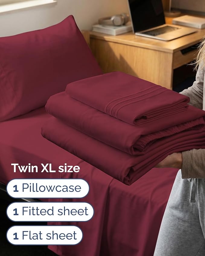 Twin XL Size 3 Piece Sheet Set - Comfy Breathable & Cooling Sheets - Hotel Luxury Bed Sheets for Women & Men - Deep Pockets, Easy-Fit, Soft and Wrinkle Free Sheets - Burgundy Oeko-Tex Bed Sheet Set
