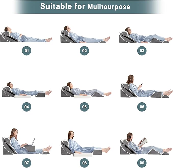 Yojoker 6pcs Orthopedic Bed Wedge Pillow Set for Sleeping, Post Surgery Foam for Body, Back and Leg Pain Relief Comfortable & Adjustable Support Pillows-Anti Snoring, Heartburn