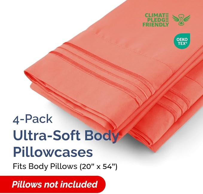 Body Pillowcases Set of 4-20x54 Long Body Pillow Case - Soft Body Pillow Cover for Sleeping & Side Sleepers - Comfy, Cozy Breathable & Fade Free - Machine Washable w/Envelope Enclosure - (Coral)