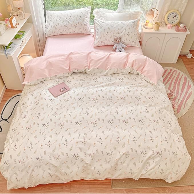 Nayoroom Floral Duvet Cover Queen Size Girls Pink White Botanical Flower Coquette Bedding Set 3 Pieces Soft Breathable Garden Cottagecore Aesthetic Comforter Cover with Pillow Shams
