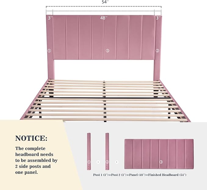 Allewie Full Platform Bed Frame/Velvet Upholstered Bed Frame with Vertical Channel Tufted Headboard/Strong Wooden Slats/Mattress Foundation/Box Spring Optional/Easy Assembly/Pink