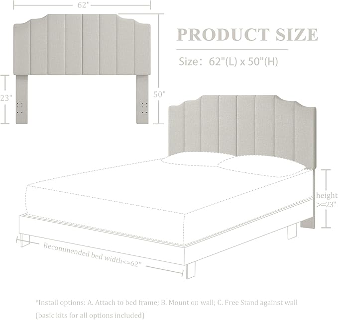Befurtori Queen Size Headboard Only, Linen Wall Mounted Headboard Queen/Full Size for Adjustable Bed, Modern Vertical Channel Design with Curved Tufted Upholstered Head Board, Linen Gray
