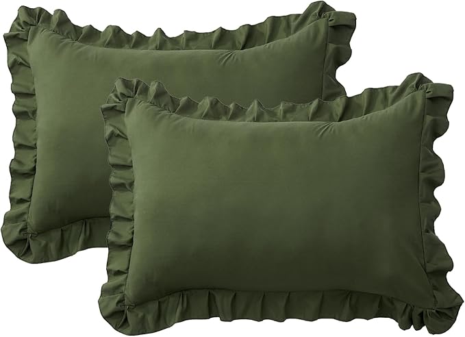 Ruffle Pillow Cases Queen Size Set of 2 – Soft Wrinkle Resistant Brushed Microfiber Ruffled Pillowcases –Envelope Pillow Shams Cover Festive Gift for Hotels,Guest Rooms 20x30 Inch (Olive Green)