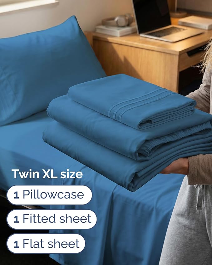 Twin XL Size 3 Piece Sheet Set - Comfy Breathable & Cooling Sheets - Hotel Luxury Bed Sheets for Women & Men - Deep Pockets, Easy-Fit, Soft & Wrinkle Free Sheets - Denim Blue Oeko-Tex Bed Sheet Set