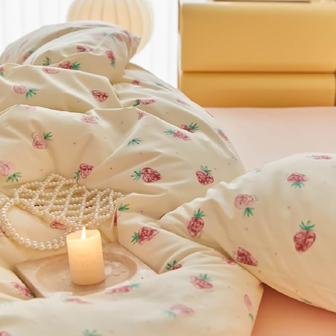 Nayoroom Strawberry Duvet Cover Set Full Size Girls Cute Pink Strawberries Kawaii Comforter Cover 2 Pieces Soft Lightweight Microfiber Cream White Bedding with Zipper Closure