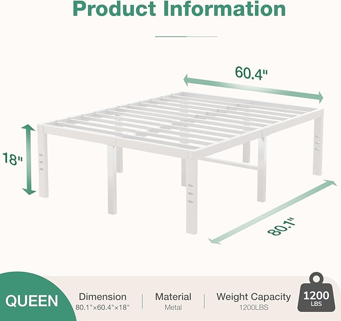 Novilla Queen Size Bed Frame, 18 Inch Metal Platform Bed Frame Queen Size with Storage Space Under Bed, Heavy Duty Steel Slat Support, Easy Assembly, No Box Spring Needed, White