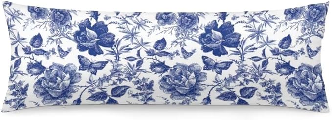 Blue and White Porcelain Floral Body Pillow Cover Modern Vintage Chinoiserie Decorative Long Pillow Case with Zipper Farmhouse Bedding Pillowcase Soft Cushion Pillow Covers for Bedroom,Couch,20"x54"