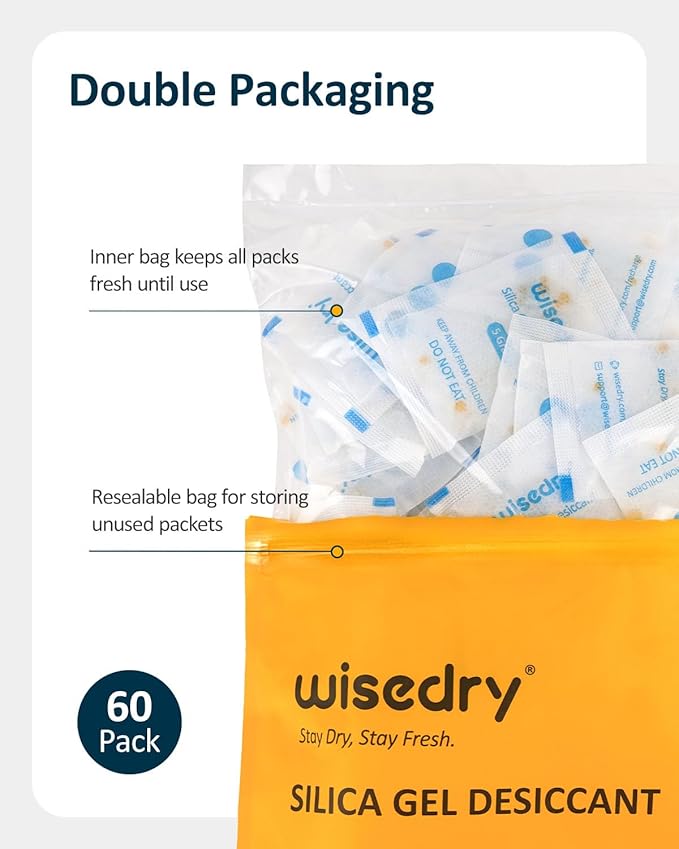 wisedry 5 Gram (60 Pack) Food Grade Silica Gel Packets with Color-Indicating Beads, Rechargeable Food Safe Desiccant, Reusable Moisture Absorbers for Food Storage, Electronics, 3D Filament & Safe