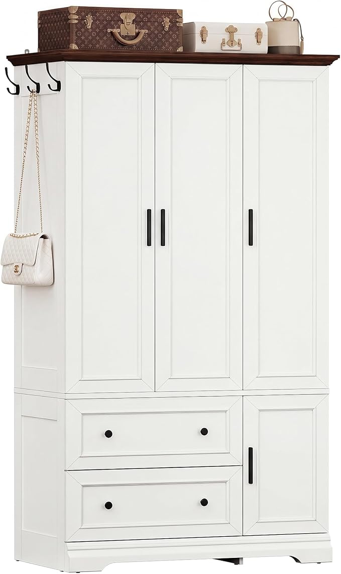 YESHOMY Armoire Wardrobe Closet with Drawers, 70.9" H x 21.1" D Wooden Closet with Hanging Rod, Fixed Shelves & Bottom Cabinet, Soft-Close Doors, Ball-Bearing Slides (White (Walnut Top))