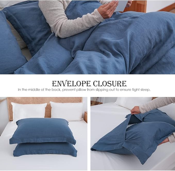 Simple&Opulence 100% Linen Duvet Cover Set 2pcs Basic Style Natural French Washed Flax Solid Color Soft Breathable Farmhouse Bedding with Button Closure - Classic Blue, Twin