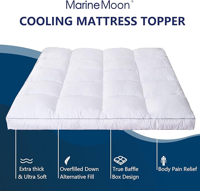 Marine Moon Mattress Topper Full, Cooling Plush Pillow Top Extra Thick Mattress Bed Topper, Fluffy Soft Mattress Pad, Hotel Quality Down Alternative Pillow Topper for Full Size Bed with Deep Pocket