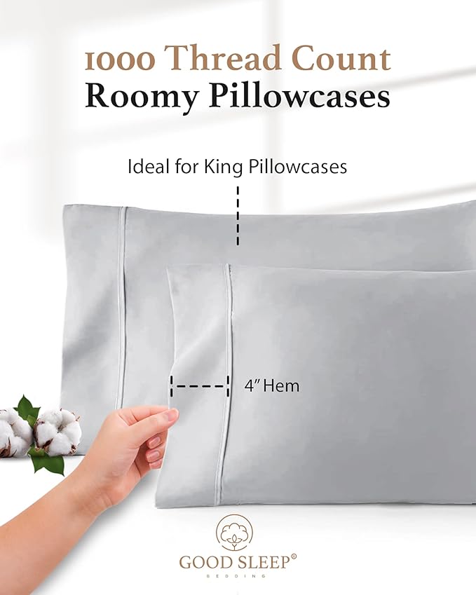 1000 TC Light Gray King Pillowcases Set of 4 100% Egyptian Cotton Pillow Cases with Long Staple Cotton & Sateen Weave, Silky Soft Hotel - Like Bed Pillow Covers for Comfy Sleeping, Snug Fit