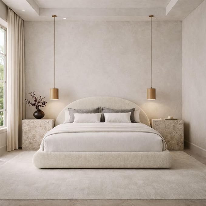 Round Bed – Washable Zip Cover - Upholstered Linen Soft Foam - Modular Minimalist Modern - Half Circle Moon - Sold Sold Separately (Cream Linen, King Base)