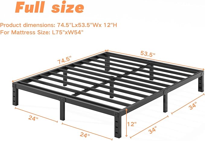 Full-Size Metal Bed-Frame No Box-Spring Needed,12-Inch Noise Free Black Platform Bed Base, Easy Assembly,Heavy Duty Steel Slat Support Non Slip Mattress Foundation