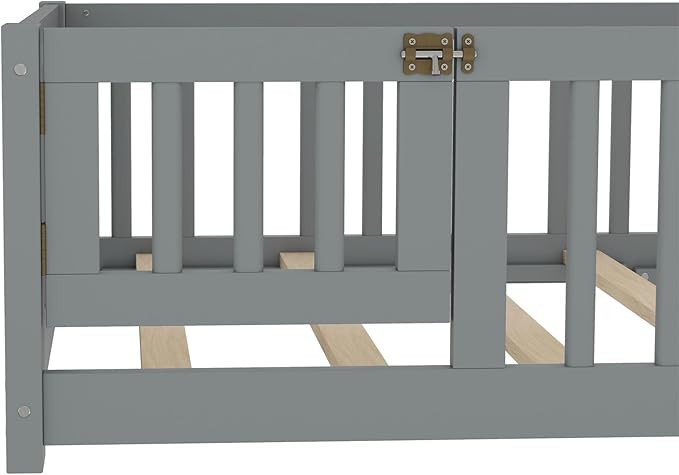 Bellemave Twin Floor Bed with Slats and Safety Guardrails, Kids Montessori Floor Beds with Fence and Door, Easy Assemble Floor Bed for Kids, Girls, Boys, Gray