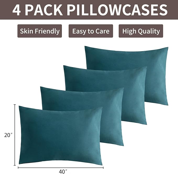 MINIPANDA Blue-Green King Size Pillow Cases Set of 4 - Super Soft, Smooth and Breathable Pillow Cases King - Envelope Design - Machine Washable Lightweight (20X40 Inches (4 PIECE))