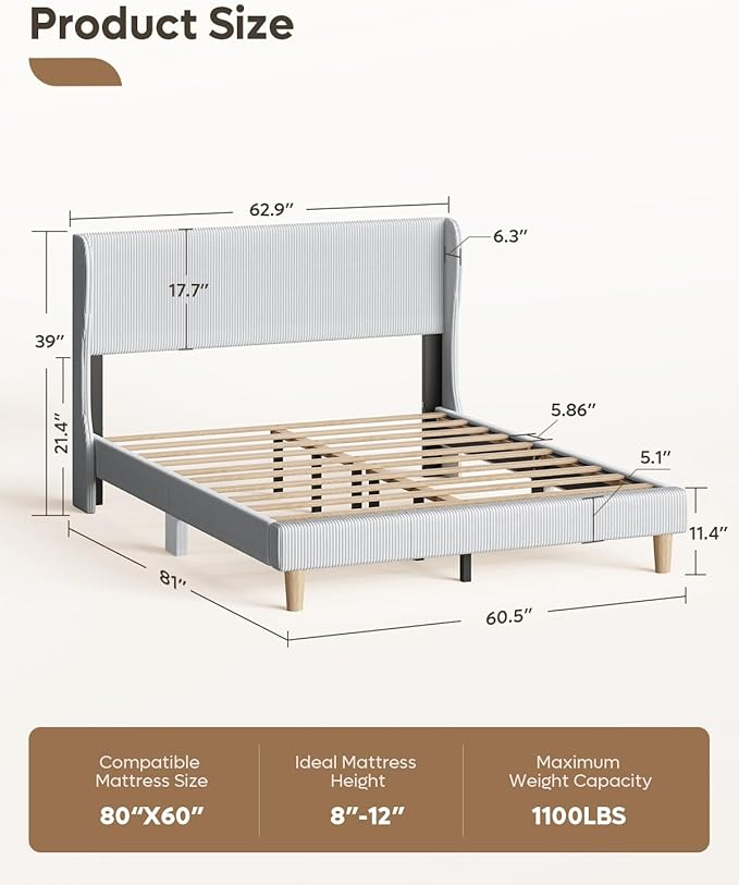 Bestier Queen Bed Frame with Wingback Headboard,Upholstered Platform Queen Size Bed with Strong Wooden Slats,No Box Spring Needed,Never Squeaks,Easy Assembly,Light Grey