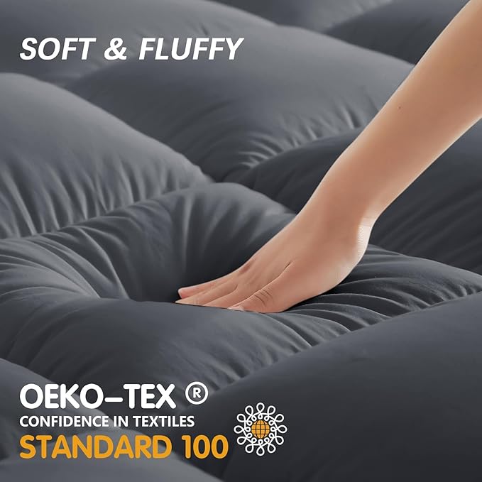 CYMULA Twin XL Mattress Topper College Dorm, Bed Topper Cooling Mattress Pad Cover, Grey Extra Thick Pillow Top Mattress Topper with Deep Pockets, Plush Down Alternative Fill Topper Washable