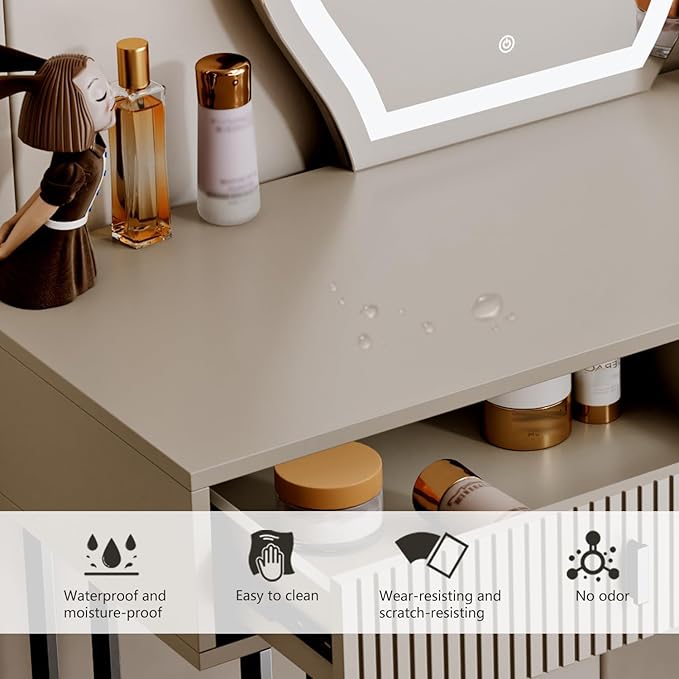 Ieejdn Morandi Gray Vanity Desk with Mirror and Lights,Small Makeup Vanity with 2 Drawers，Modern Makeup Table with Adjustable Cabinet for Bedroom,Makeup Room