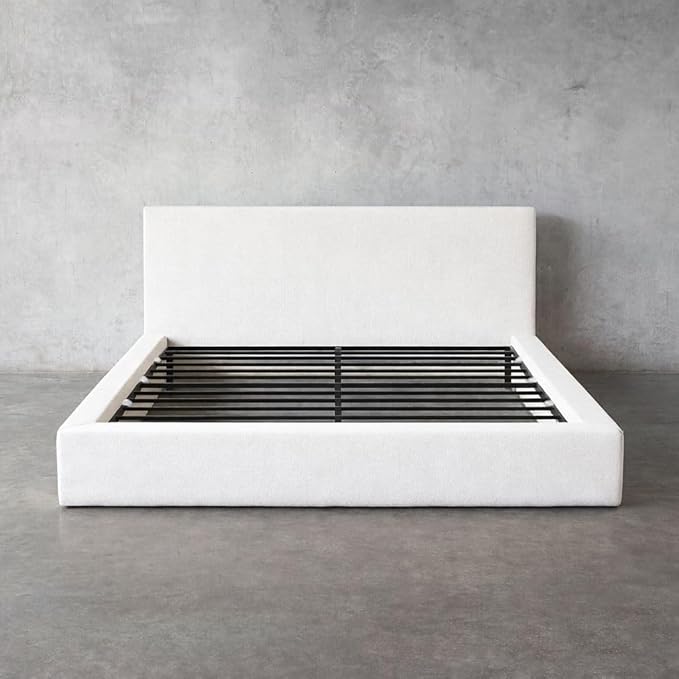 Square Bed – Washable Cover - Soft Upholstered Linen - Minimalist Modern - Sold Separately (Waterproof Beige Linen, Queen Headboard)
