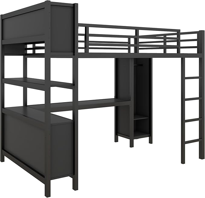 Full Size Loft Bed with L Shaped Desk, Wardrobe and Storage Shelves, Metal Heavy Duty Loft Bed Frames with Ladder and Guardrails for Kids, Teens, Juniors, Space Saving (Black, Full)