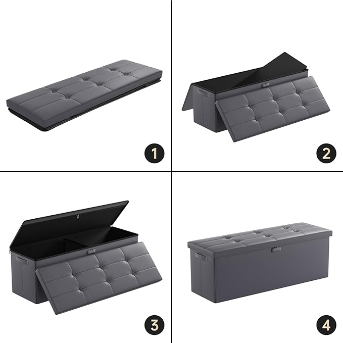 DocSafe Storage Ottoman Bench, Fireproof＆Waterproof Folding Bench with Lock(15”x 43”x15”), Leather Storage Chest with Handles＆2 Extra Boxes, Ottoman Safe for Bedroom,Living Room,Home Office, Gray