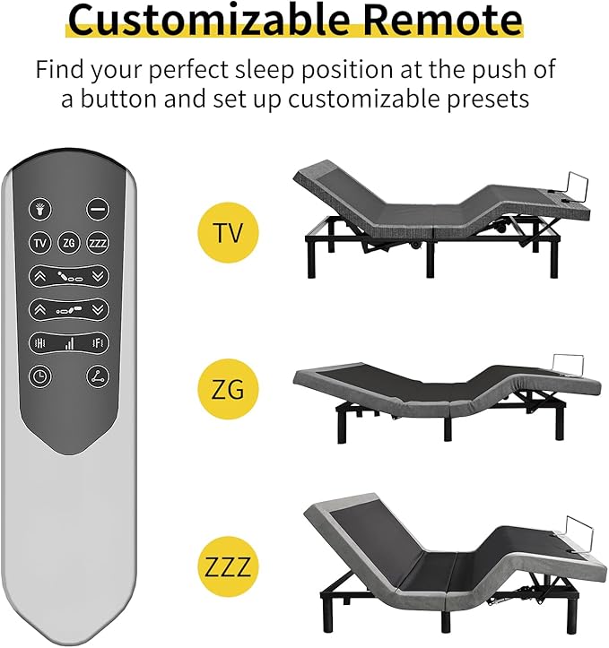 MULIN Twin XL Adjustable Bed Base with Massage & LED Under-Bed Lighting, 6 Vibration Modes, 2 USB Ports, Wireless Remote, Head/Foot Incline, 6" Adjustable Legs | 6 Vibration Modes, 2 USB Ports, Wireless Remote, Head/Foot Incline, 6" Adjustable Legs, He...