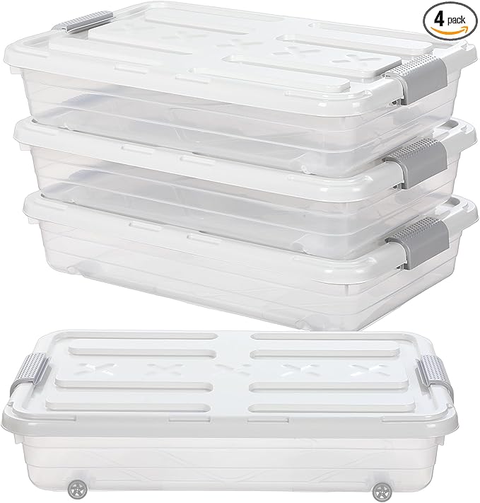 Beeveer 4 Pcs Plastic Under Bed Storage Containers with Lid Wheel Handle, Transparent Large Capacity Stackable Latching Storage Bins for Closet Bedroom Clothes Shoes Blanket(23.7 x 15.8 x 5.2,White)