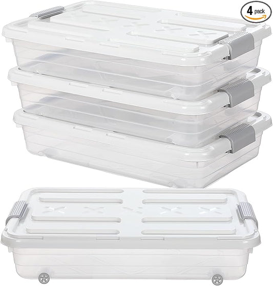 Beeveer 4 Pcs Plastic Under Bed Storage Containers with Lid Wheel Handle, Transparent Large Capacity Stackable Latching Storage Bins for Closet Bedroom Clothes Shoes Blanket(23.7 x 15.8 x 5.2,White)