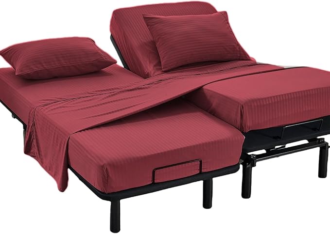 Kingnex Striped Split California King Sheets Sets for Adjustable Bed with Deep Pocket 5 Pieces Include 2 Cali Twin XL Fitted Sheets 1 Flat Sheet 2 King Size Pillowcases Burgundy