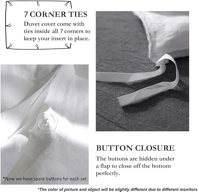 Simple&Opulence 100% Linen Duvet Cover Set with Embroidery Border Washed - 3 Pieces (1 Duvet Cover with 2 Pillow Shams) with Button Closure Soft Breathable Farmhouse - White, Full Size