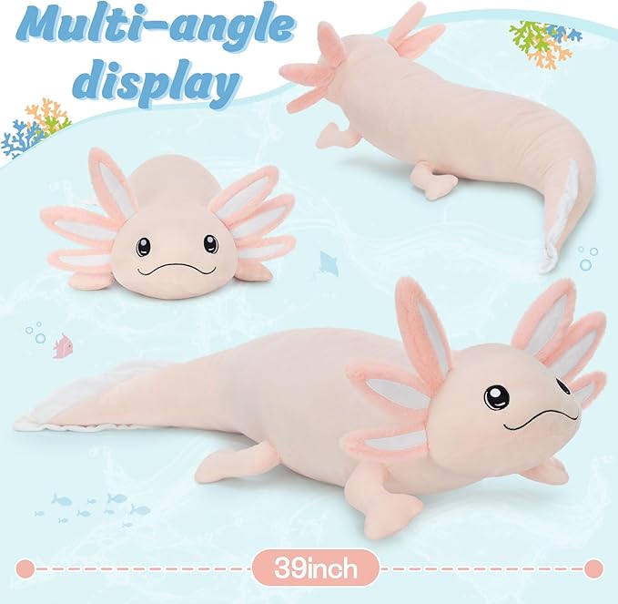 MaoGoLan Giant Glow in the Dark Axolotl Plush Pillow – 48'' Pink Axolotl Stuffed Animal, Hugging Salamander Plush Toy for Kids Girl Boy, Large Salamander Body Pillow Birthday Gift Baby Shower Decor