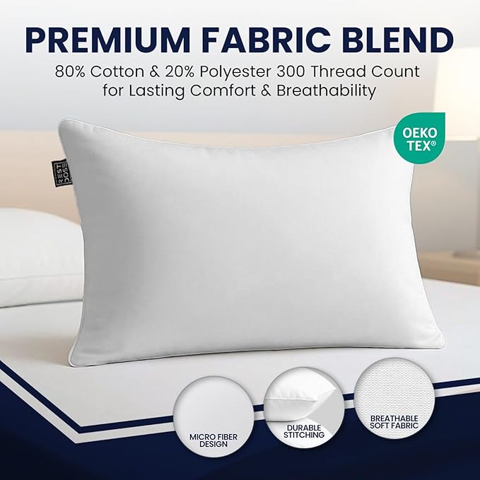 Bed Pillows for Sleeping, Set of 2 – Cooling, Hotel Quality with Soft Down Alternative Fill for Back, Stomach & Side Sleepers | White 100% Cotton Queen