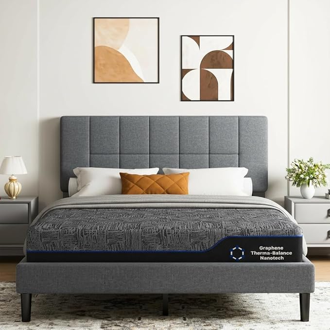 Marsail Twin Size Bed Frame and Mattress Set with Adjustable Upholstered Headboard and 10″ Memory Foam Mattress, Sturdy and Durable,12 Support Legs,with Graphene Fabric and Cooling Gel, Dark Gray