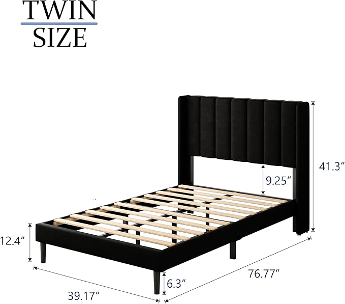 Gruwans Twin Size Bed Frame with Upholstered Wingback Headboard, Easy Assemnly Platform Bed, Wooden Slat Support No Box Spring Needed, Black