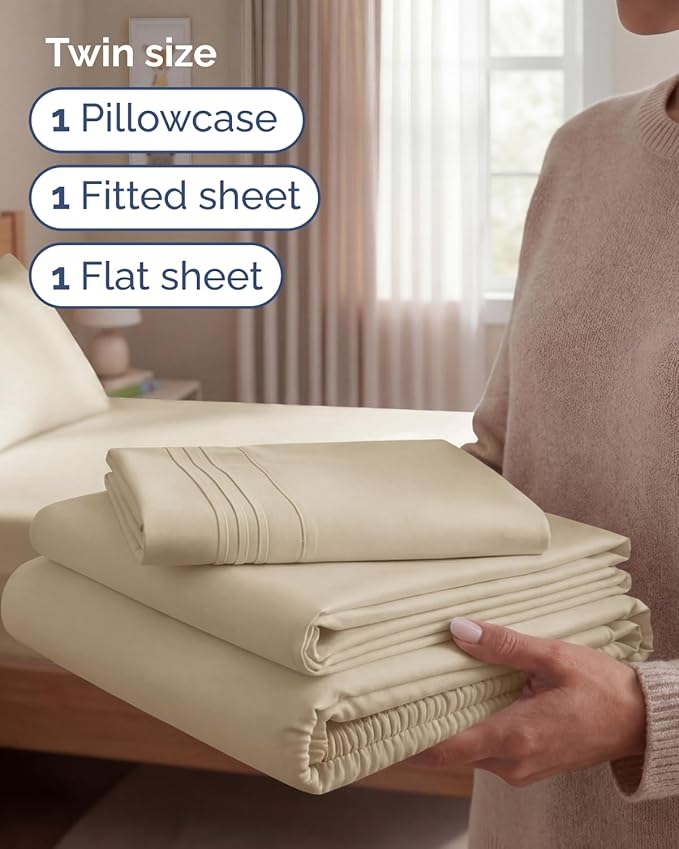 Twin Size 3 Piece Sheet Set - Comfy Breathable & Cooling Sheets - Hotel Luxury Bed Sheets for Women & Men - Deep Pockets, Easy-Fit, Extra Soft and Wrinkle Free Sheets - Cream Oeko-Tex Bed Sheet Set