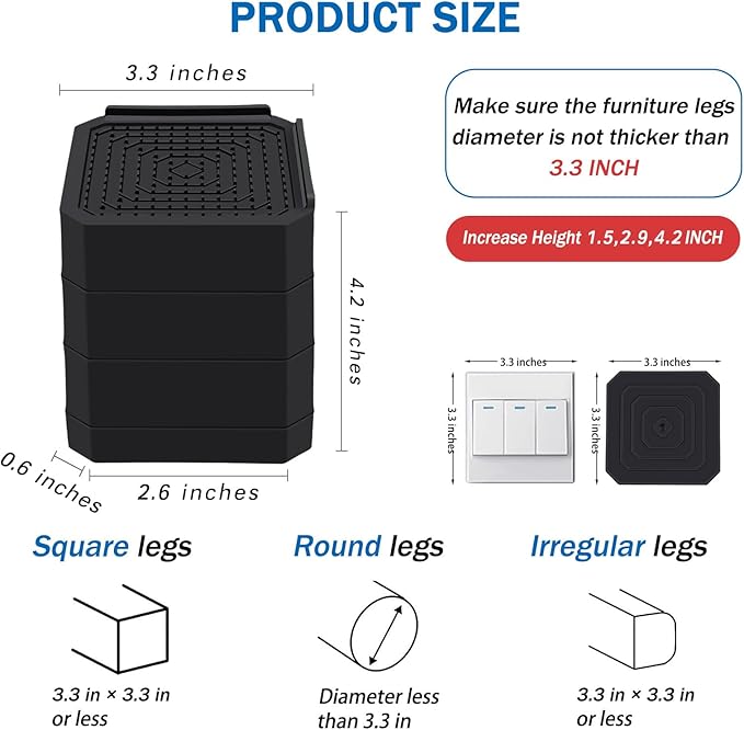 ANNKUT Bed Risers and Furniture Risers, Heavy Duty Adjustable Lifting Blocks for Couches, Desks, and Chairs, Elevates 1.5、3 or 4.3 Inches, Holds up to 4000 lbs (Black)