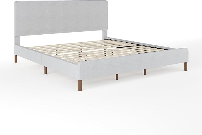 Martha Stewart Britta Platform Bed with Headboard & Footboard, Faux Linen Upholstery with Piping Detail, Rounded Headboard, No Box Spring Needed, King, Gray