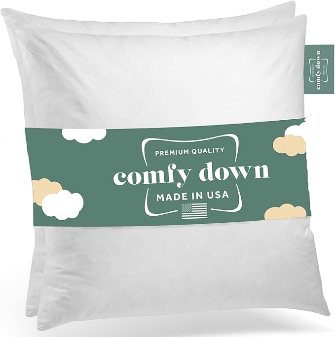 ComfyDown 20x20 Throw Pillow Inserts (Set of 2), Down & Feather Fill, 100% Cotton Cover, Made in USA – Premium Soft Decorative Pillow Forms Sham Stuffers for Bed, Sofa & Couch